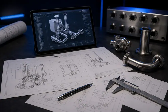 Technical drawings, 3D model, and liquid cooling parts on a review desk