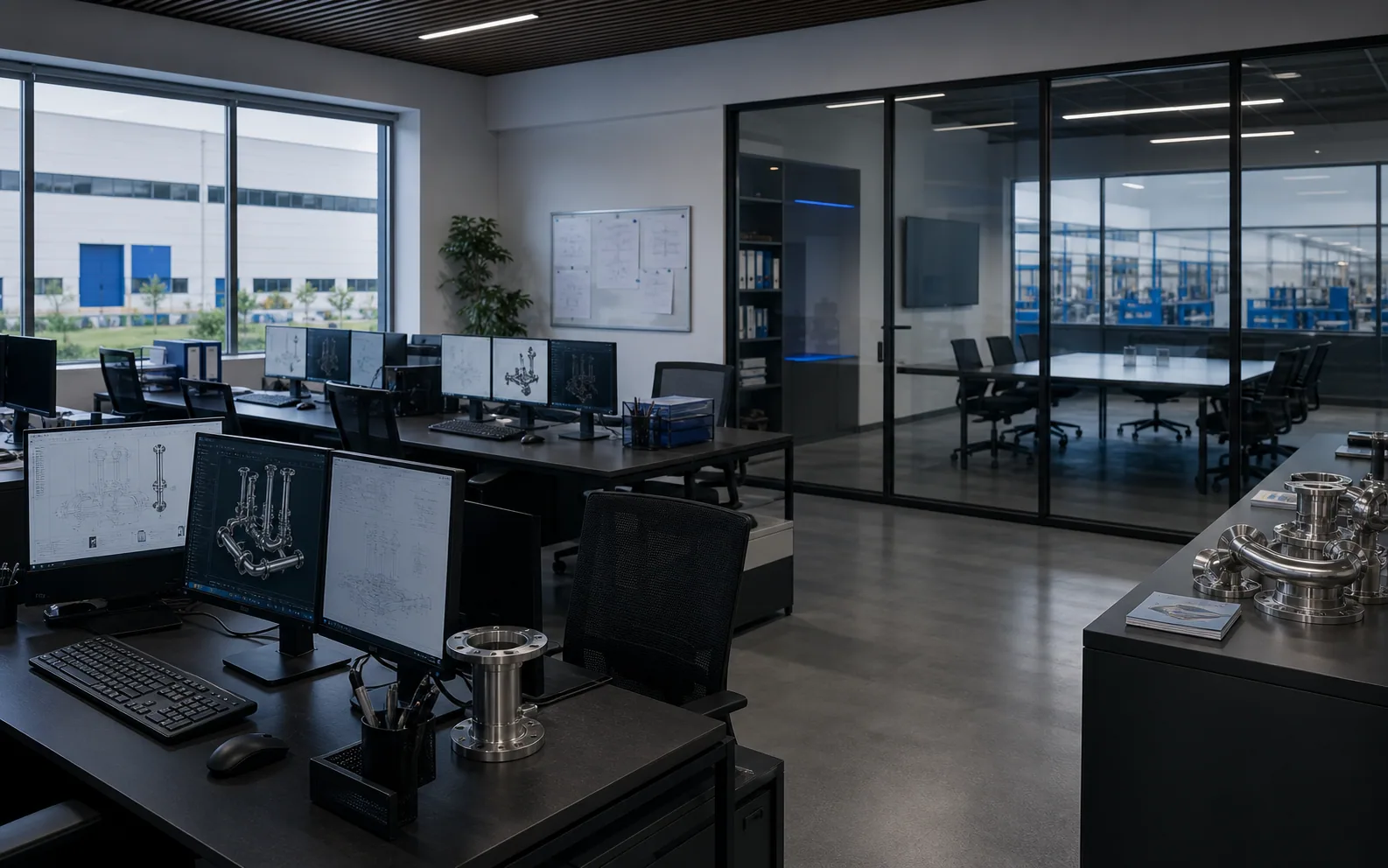 Chelsey engineering office with CAD workstations and pipe samples