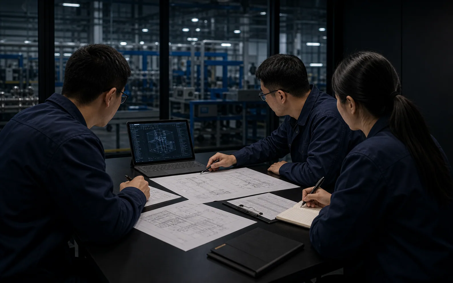 Engineering team reviewing drawings and BOM details from side and back angles