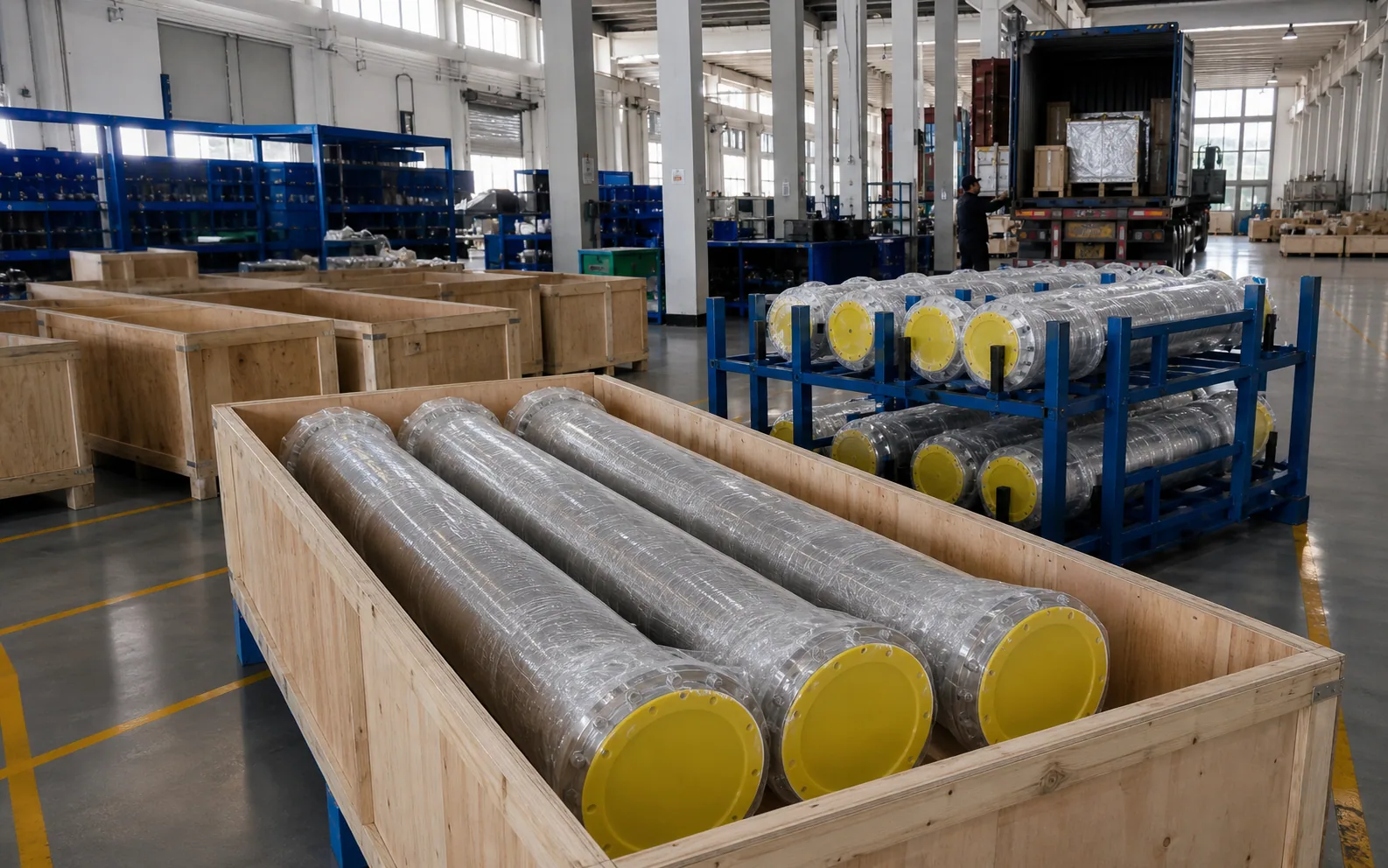 Long stainless pipe modules protected with film and yellow end caps inside export crates