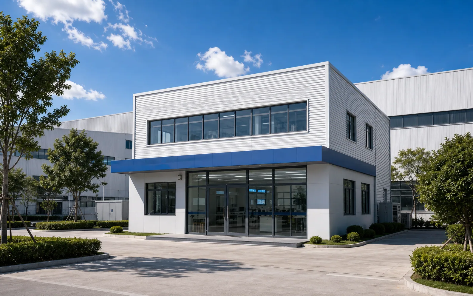 Compact research and engineering building on a factory campus