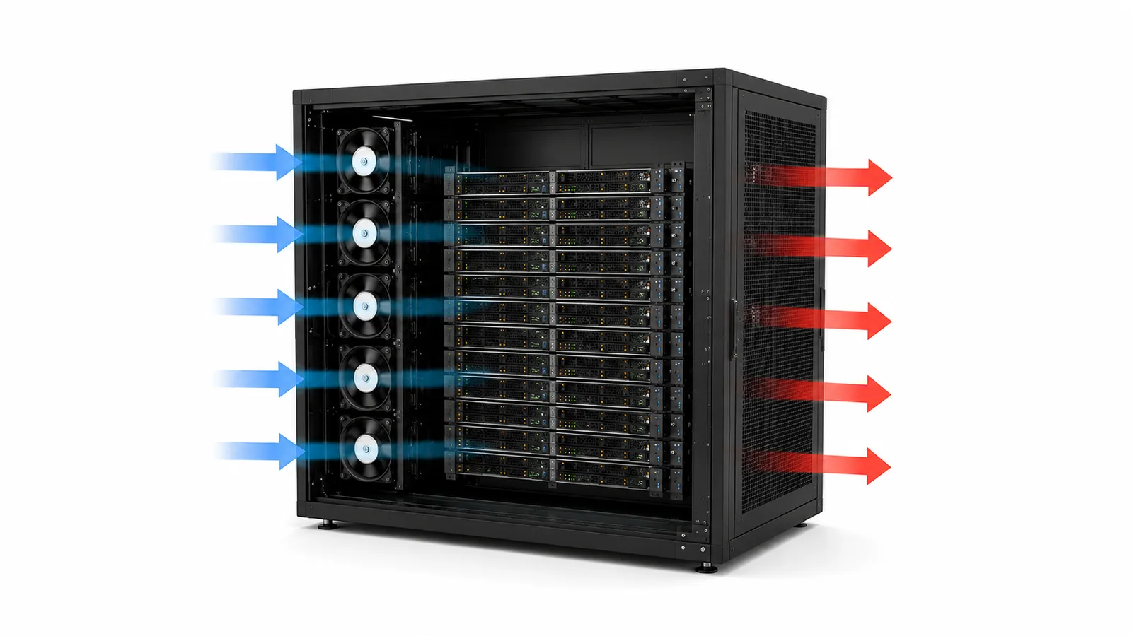 Air-cooled server rack with cold inlet air and hot exhaust airflow