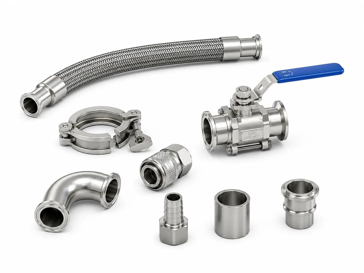 Stainless steel liquid cooling fittings, valves, clamps, braided hose, ferrules, and quick disconnect hardware