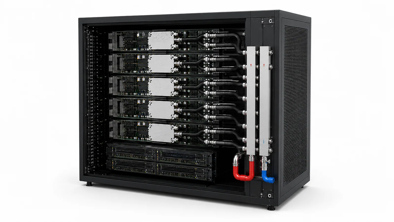 Direct-to-chip liquid-cooled server rack with manifolds, hoses, and cold plate connections