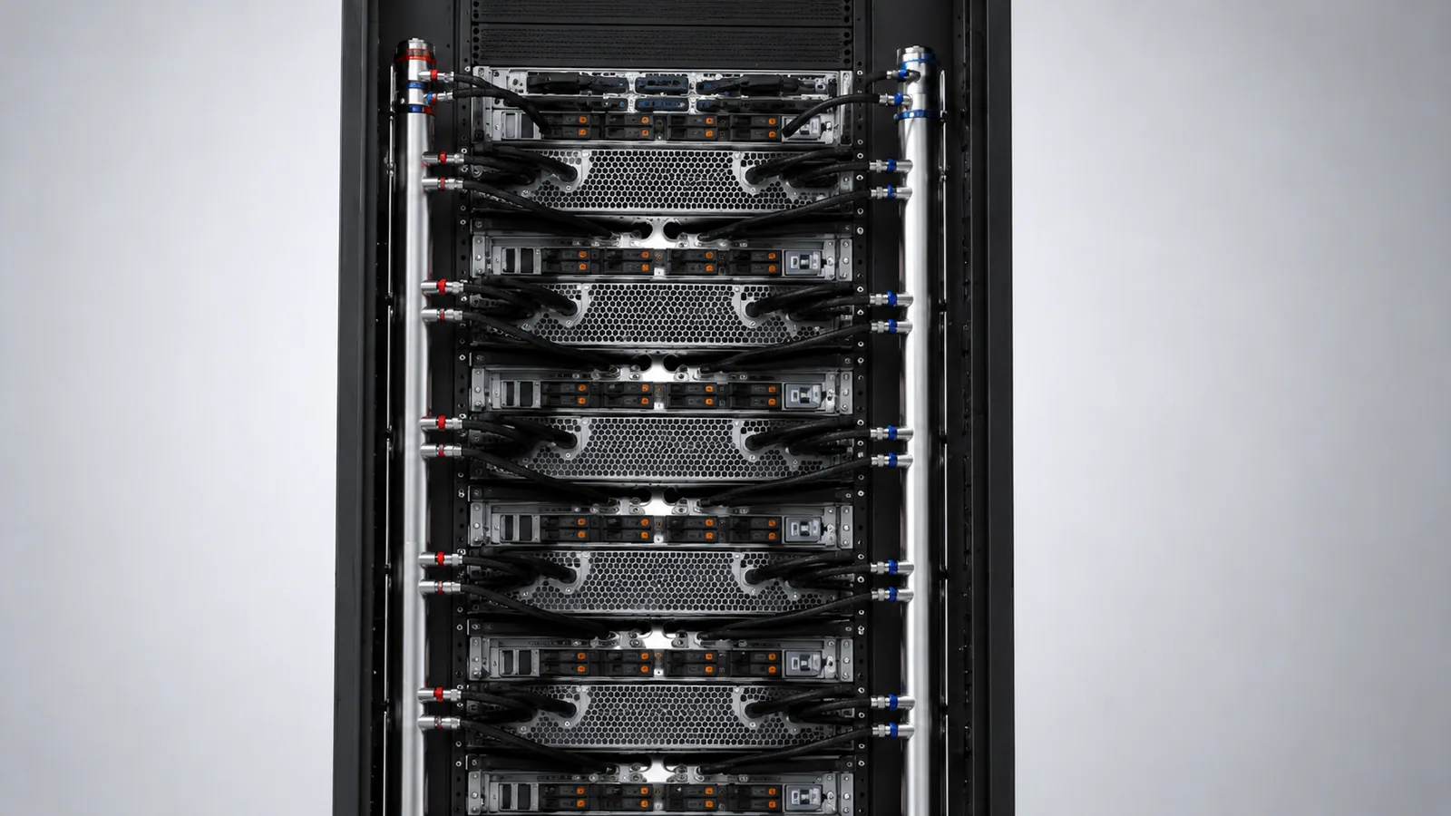 Rack-level liquid cooling manifold with server equipment, hoses, and quick disconnect connections