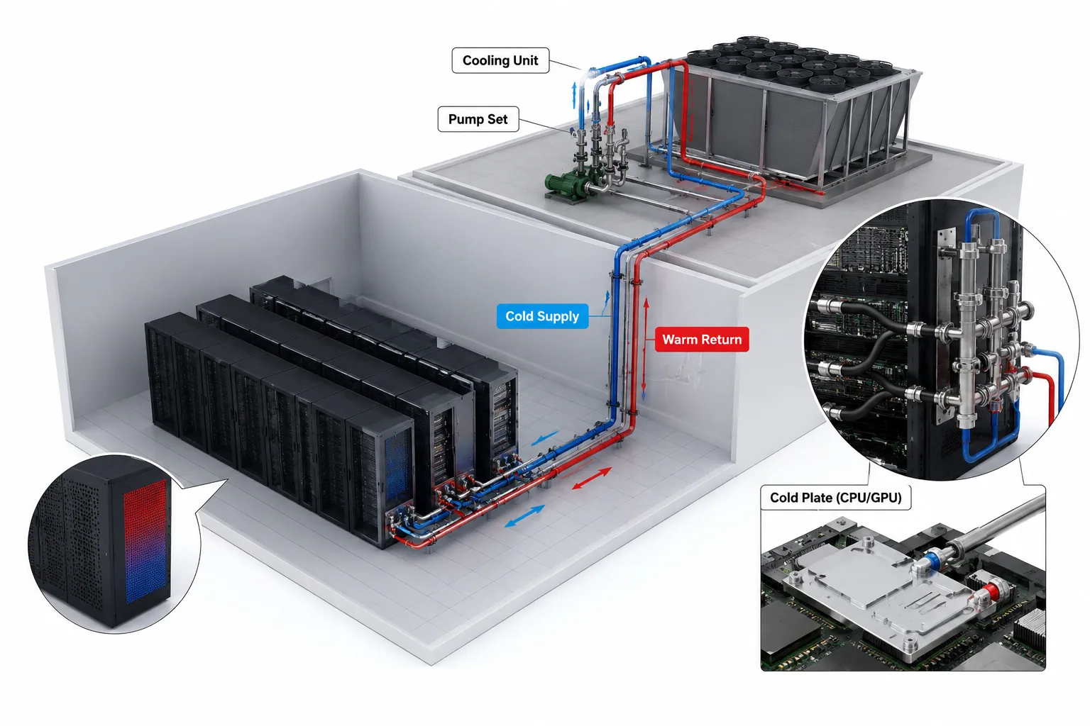 Direct-to-chip liquid cooling system path with cooling unit, pump set, data hall, cold supply, warm return, rack manifold, and cold plate detail
