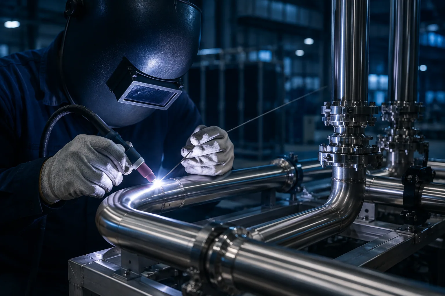 Stainless pipe welding and fabrication scene