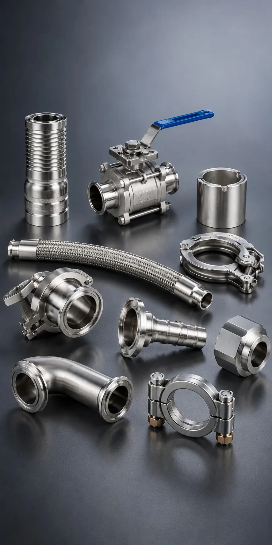 Stainless steel fittings and liquid cooling flow components