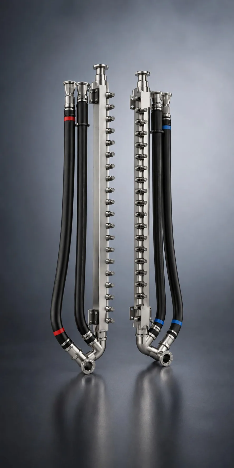 Square tube stainless steel liquid cooling manifold with red-handled valves