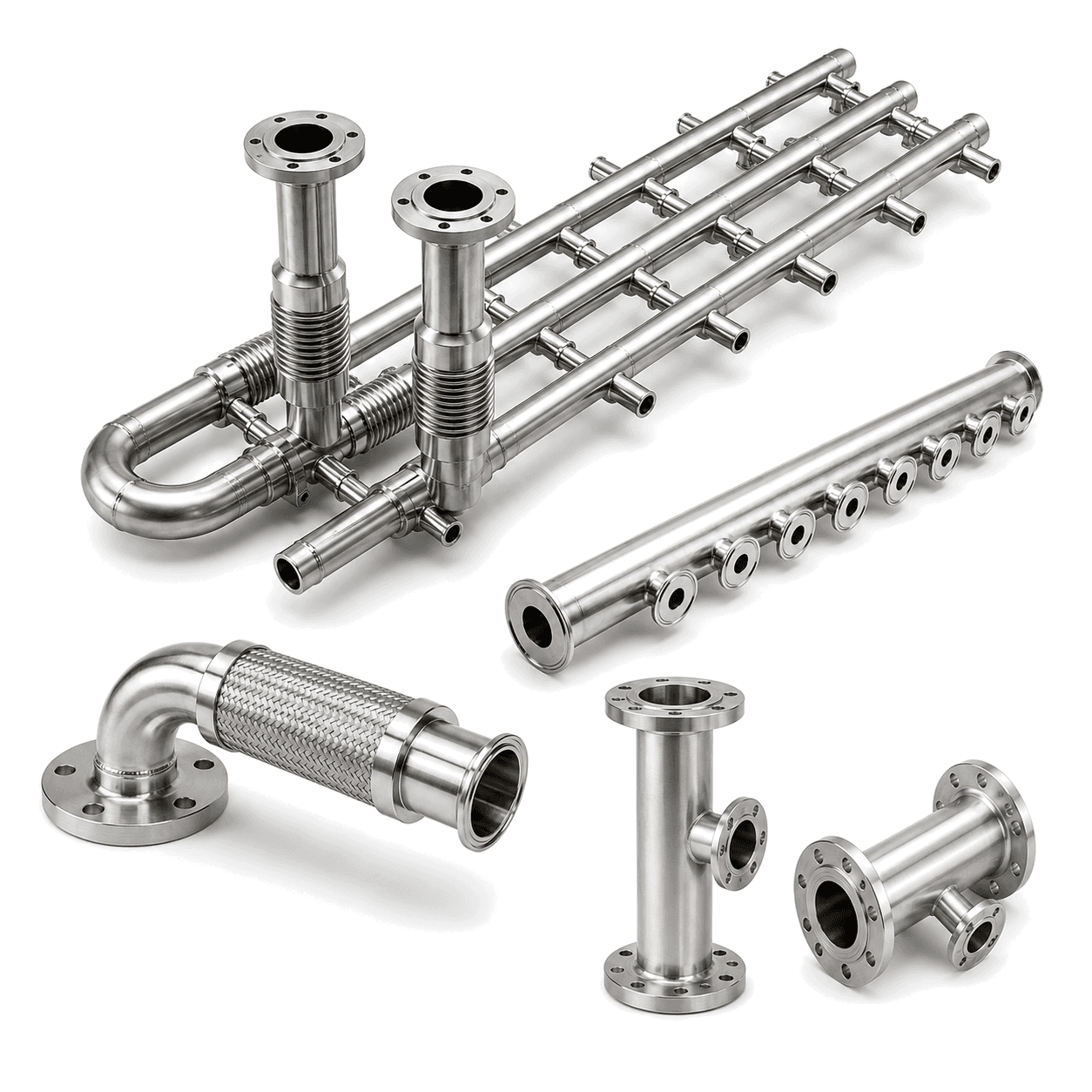 Transparent cutout of stainless cooling pipe modules and fittings