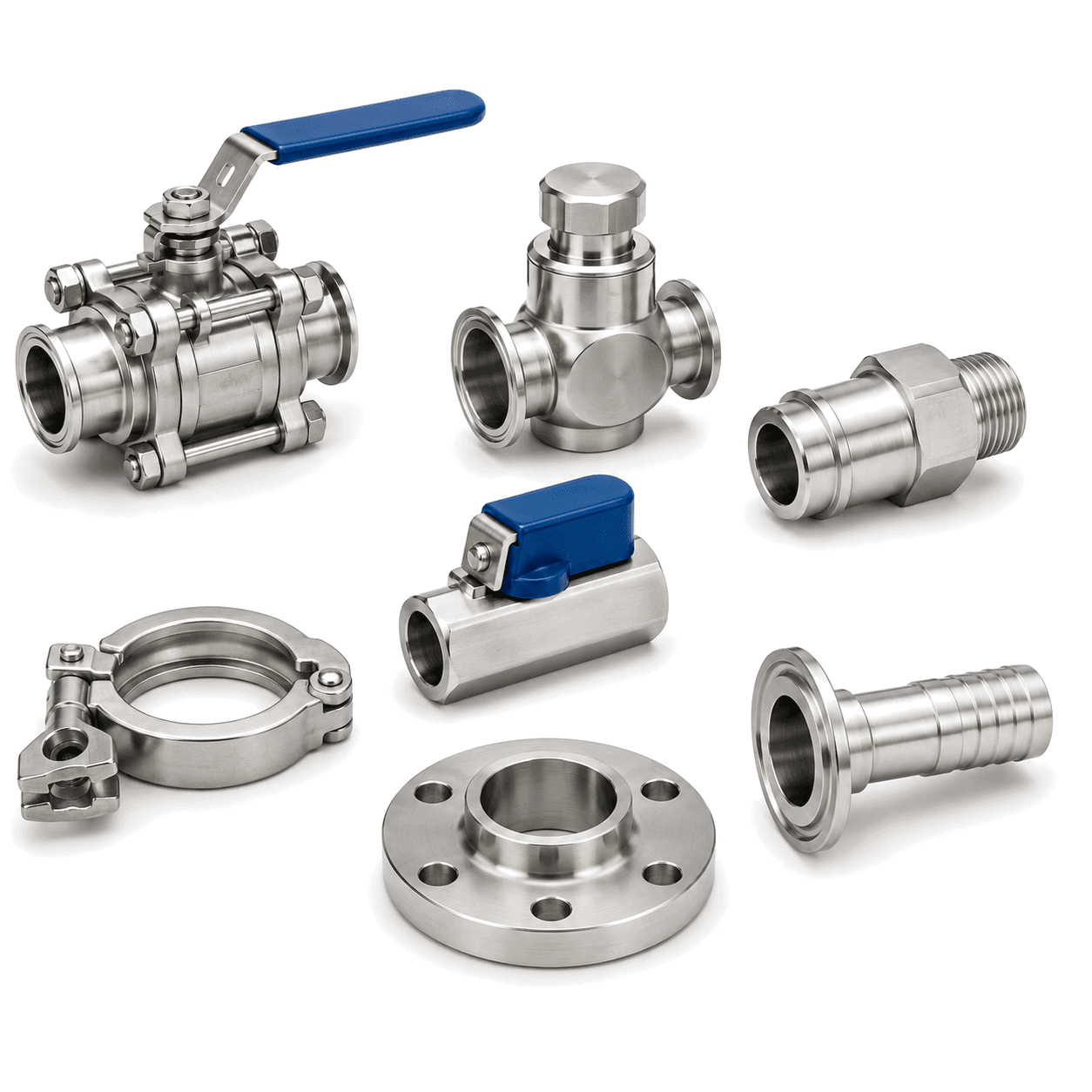 Transparent cutout of valves, fittings, flanges, clamps, and quick disconnect components