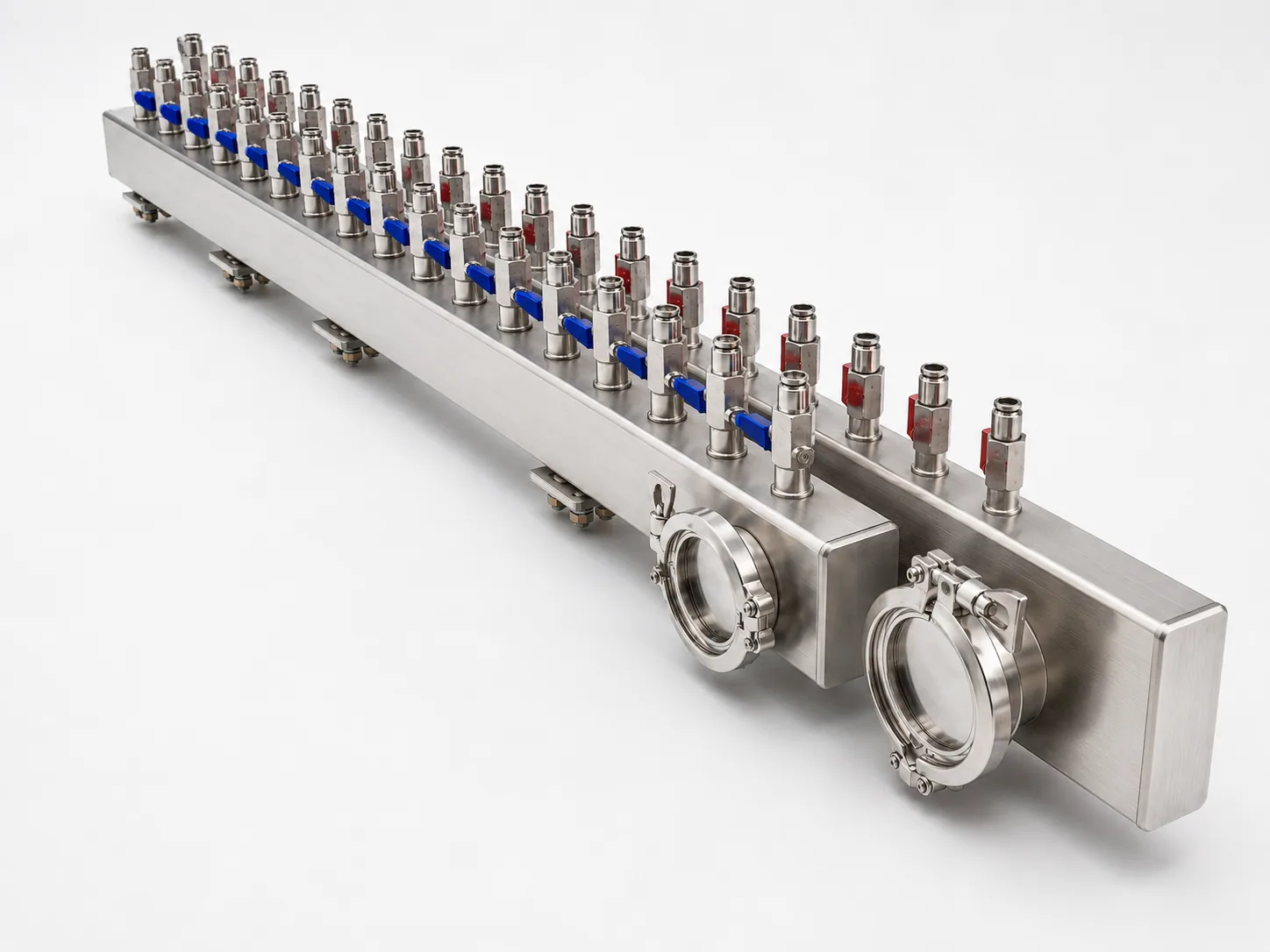 Stainless steel liquid cooling manifold assembly with repeated branch valves and clamp-style end fittings