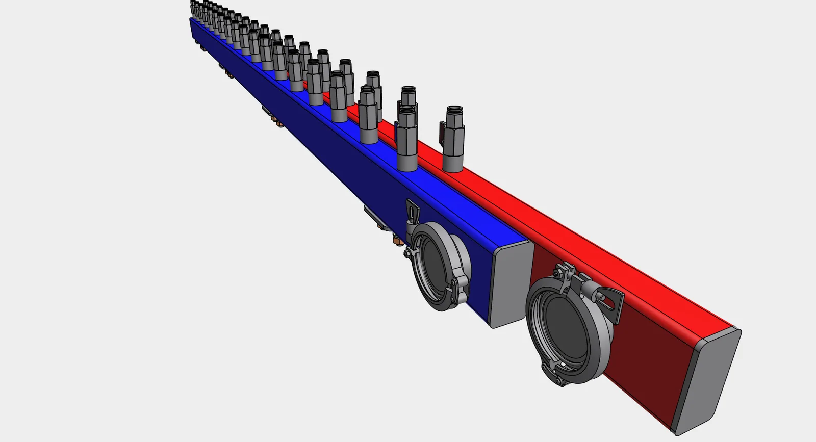 CAD model view of paired liquid cooling manifold headers with repeated branch fittings