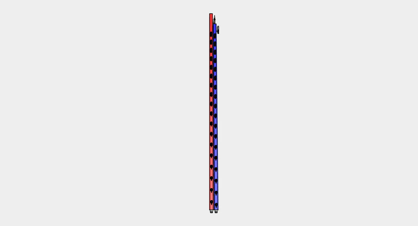 Top model view of paired liquid cooling manifold headers and branch fittings