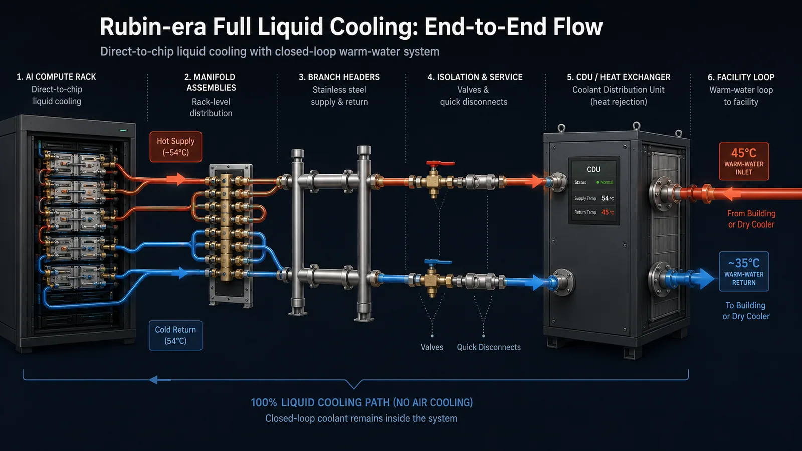 Conceptual end-to-end liquid cooling path from AI rack through manifolds CDU and facility loop