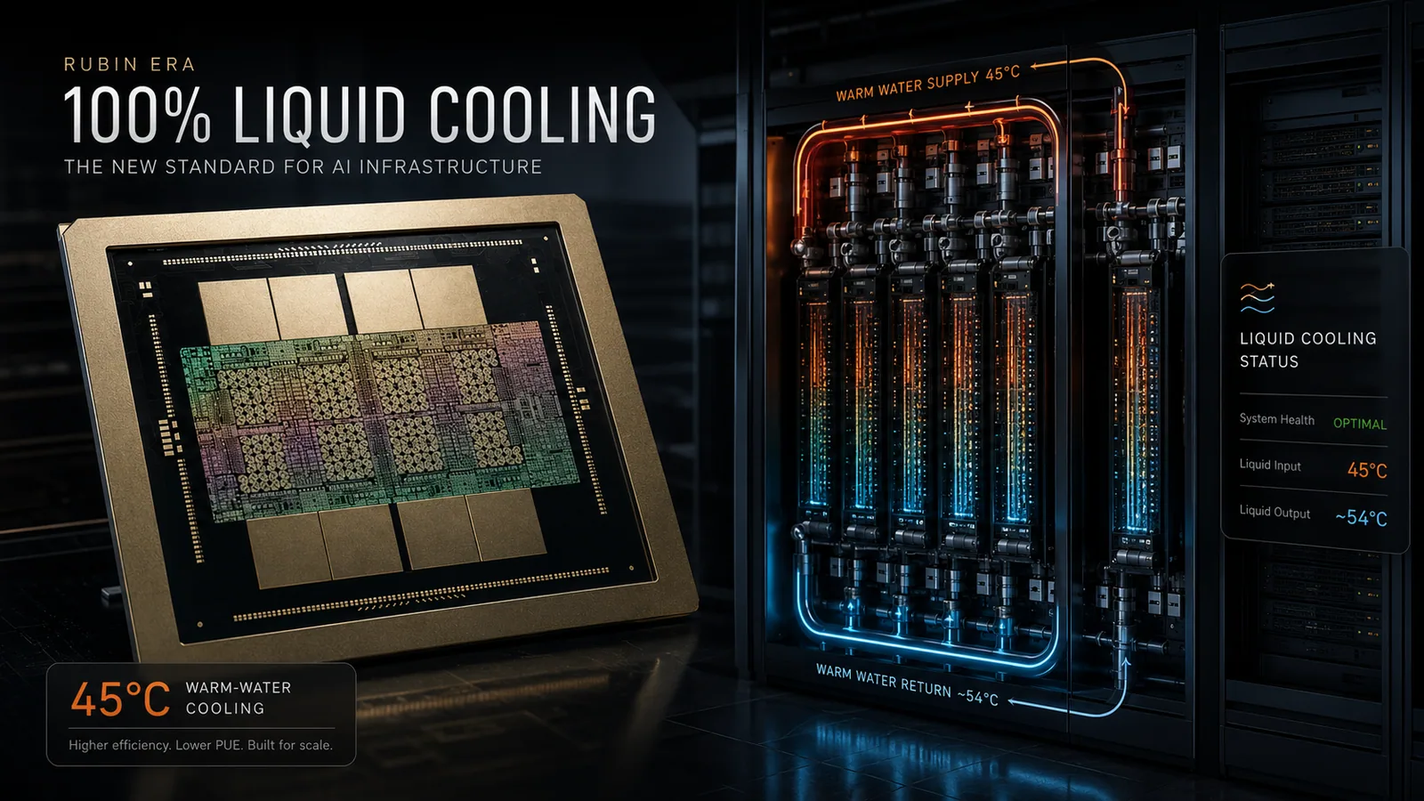 Conceptual Rubin-era 100 percent liquid cooling AI infrastructure illustration