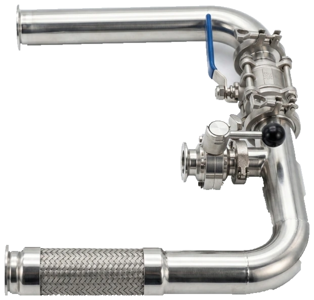 Stainless connection assembly with flexible section and valve