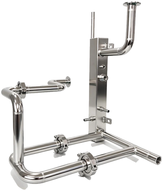 Stainless CDU-side pipe assembly with mounting rail