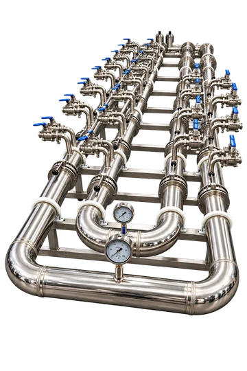 Stainless cooling ring-main assembly with valves, pressure gauges and support frame
