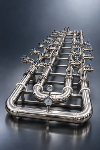 Stainless cooling pipe module assembly with valves, gauges and supports