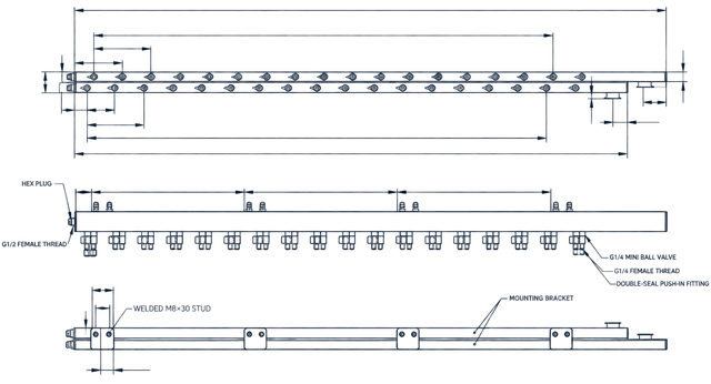 Three-view manifold drawing with ports, fittings and mounting brackets